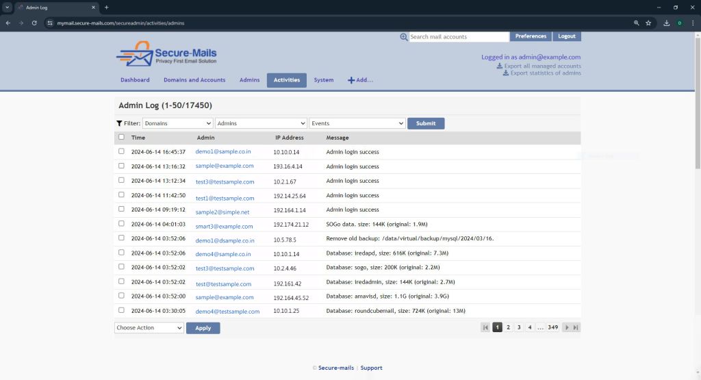 Secure-mails Admin Activity Log