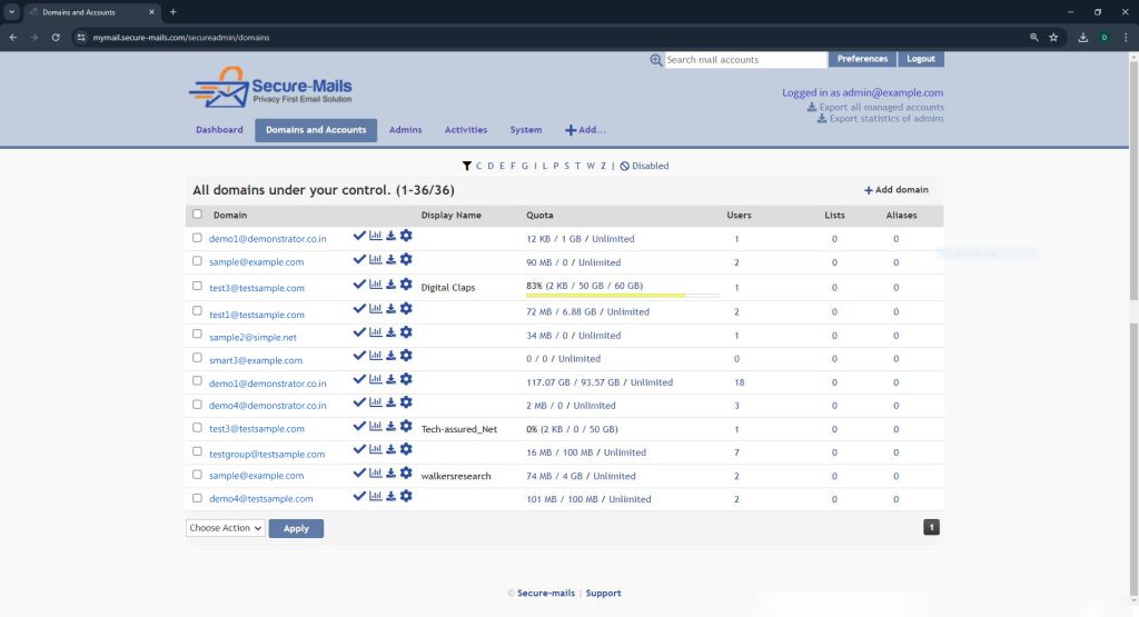 Secure-mails Domain and Accounts